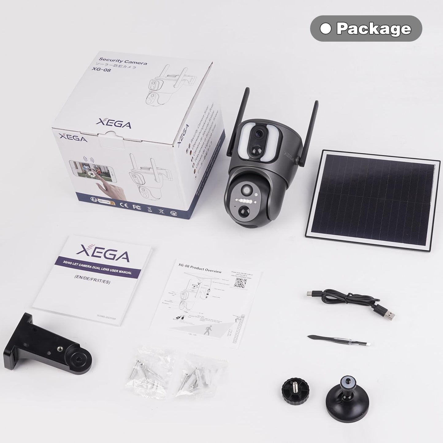 Xega 4Gã€Dual Lensã€‘ Security Camera Outdoor with SIM Card, 14400mAh Solar Powered Wireless No WiFi Security Camera, 2K HD PTZ CCTV with Human Detection Spotlight Siren Alert TF Cloud Storage IP66