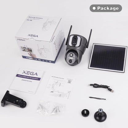 Xega 4Gã€Dual Lensã€‘ Security Camera Outdoor with SIM Card, 14400mAh Solar Powered Wireless No WiFi Security Camera, 2K HD PTZ CCTV with Human Detection Spotlight Siren Alert TF Cloud Storage IP66