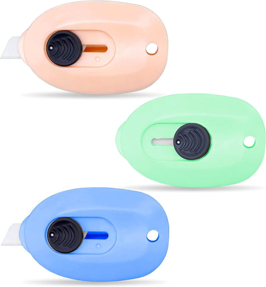 Sonuimy Mini Ceramic Box Cutter, 3pcs Safety Package Box Opener, Retractable Utility Knife Ceramic Blades with Keychain Hole (Pink Green Blue)