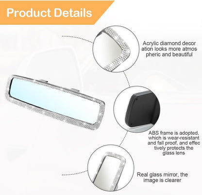 XINLIYA Bling Car Rearview Mirror, Decorations Rear View Mirror with Crystal Rhinestones & Diamonds, Car Interior Trim Accessories, Clip-on & HD Glass, Sparkly Gift for Mother Women Girls（Silver）