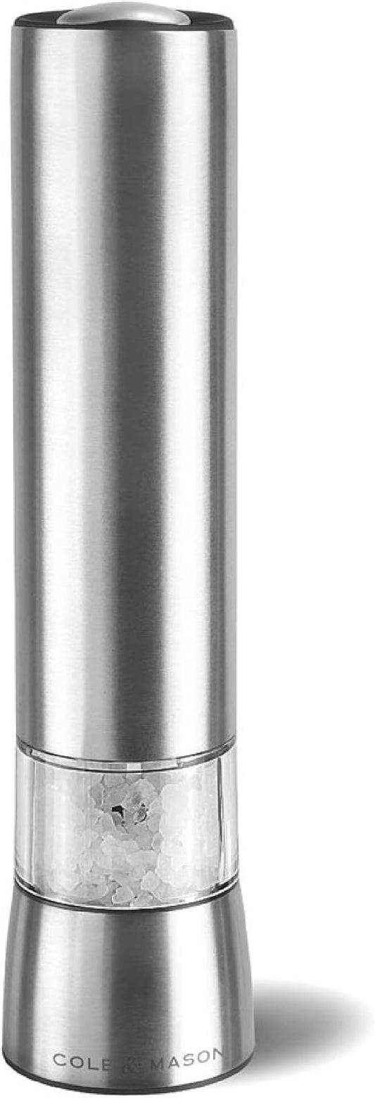 Cole & Mason Hampstead Electronic Salt Mill - Electric Salt Grinder Set - Adjustable Electric Spice Grinder - Kitchen Tool & Gadget - Hand Wash - Stainless Steel