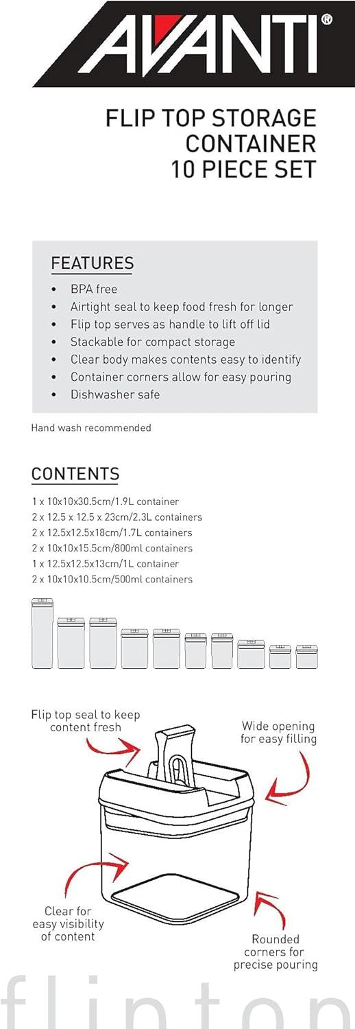 Avanti 40310 Flip Top Storage Container 10 Piece Set, Clear