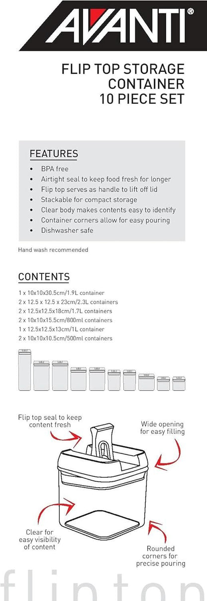 Avanti 40310 Flip Top Storage Container 10 Piece Set, Clear