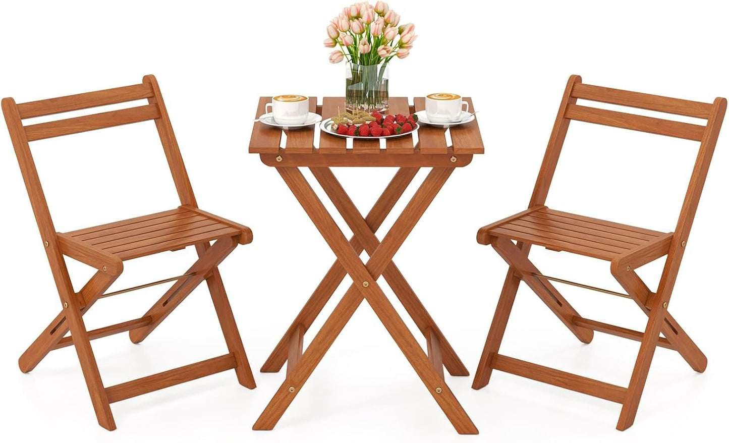 HAPPYGRILL 3 Piece Outdoor Wood Bistro Set, Solid Wood Furniture Set w/ 2 Folding Chairs & Dining Table, Slatted Seat & Tabletop, Patio Dining Set for Backyard, Poolside