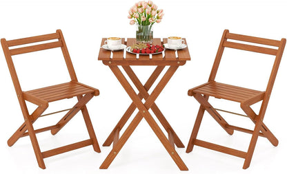 HAPPYGRILL 3 Piece Outdoor Wood Bistro Set, Solid Wood Furniture Set w/ 2 Folding Chairs & Dining Table, Slatted Seat & Tabletop, Patio Dining Set for Backyard, Poolside
