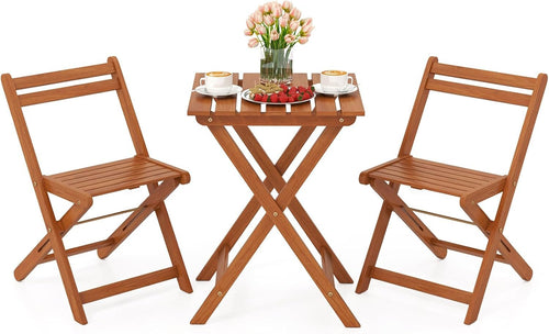 HAPPYGRILL 3 Piece Outdoor Wood Bistro Set, Solid Wood Furniture Set w/ 2 Folding Chairs & Dining Table, Slatted Seat & Tabletop, Patio Dining Set for Backyard, Poolside