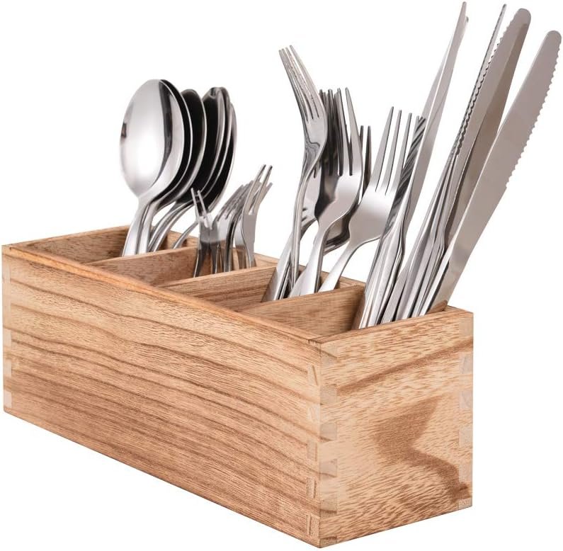 Kitchen Cutlery Holder with 4 Compartments, Wood Utensil Organizer Stand, Silverware Storage Kitchen Flatware Caddy for countertop