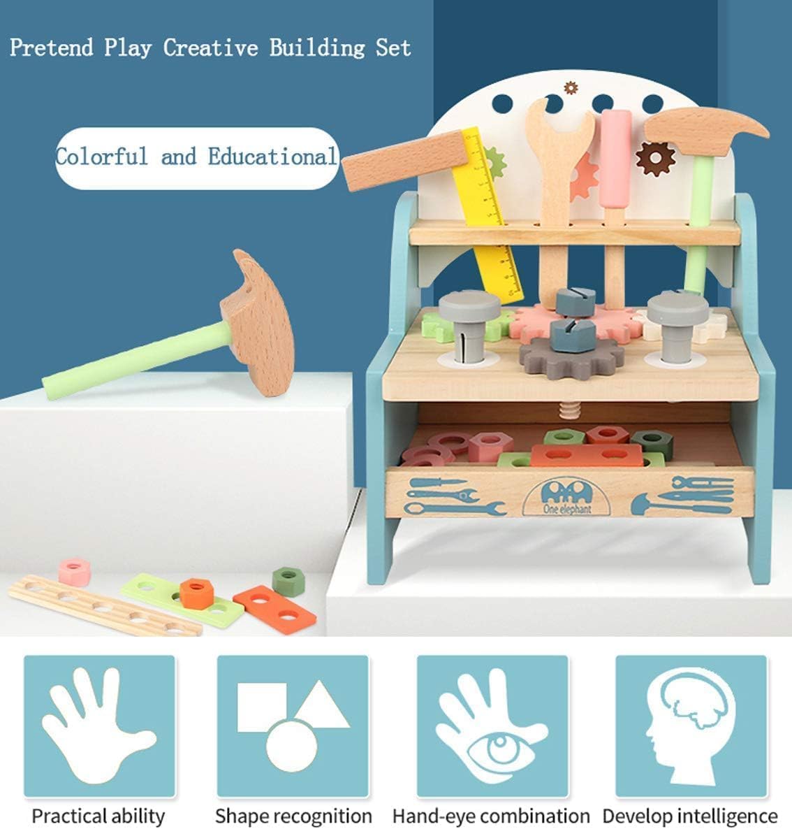 Tool Bench for Kids Toddlers, XICEN，Montessori Wooden Tool Workbench Set, Construction Workshop Pretend Play Toy 1 2 3 4 5 Years Old Boys