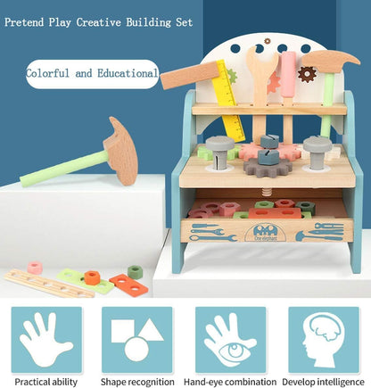 Tool Bench for Kids Toddlers, XICEN，Montessori Wooden Tool Workbench Set, Construction Workshop Pretend Play Toy 1 2 3 4 5 Years Old Boys