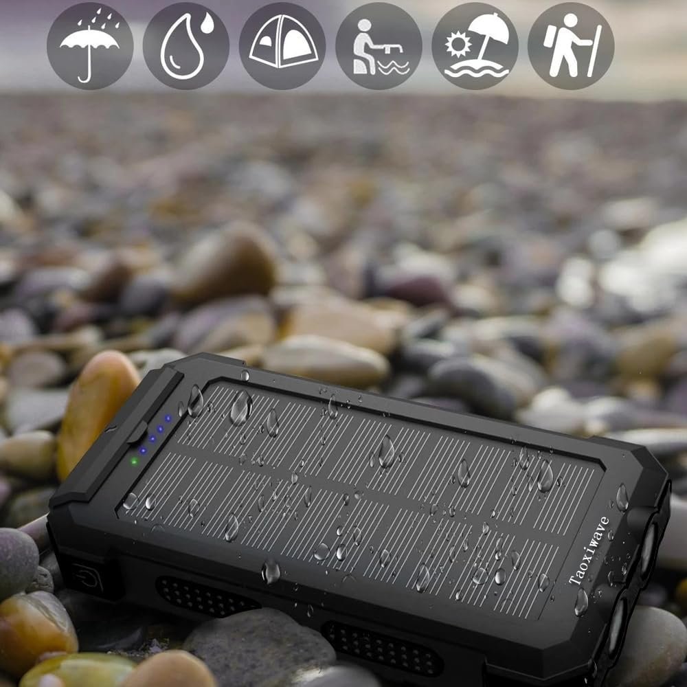 Solar Power Bank, Portable Charger,Fast Charging 38800mAh Waterproof Portable External Backup Battery Pack Power Bank,Camping Solar Charger with Dual USB/Flashlight and Compass (Black)