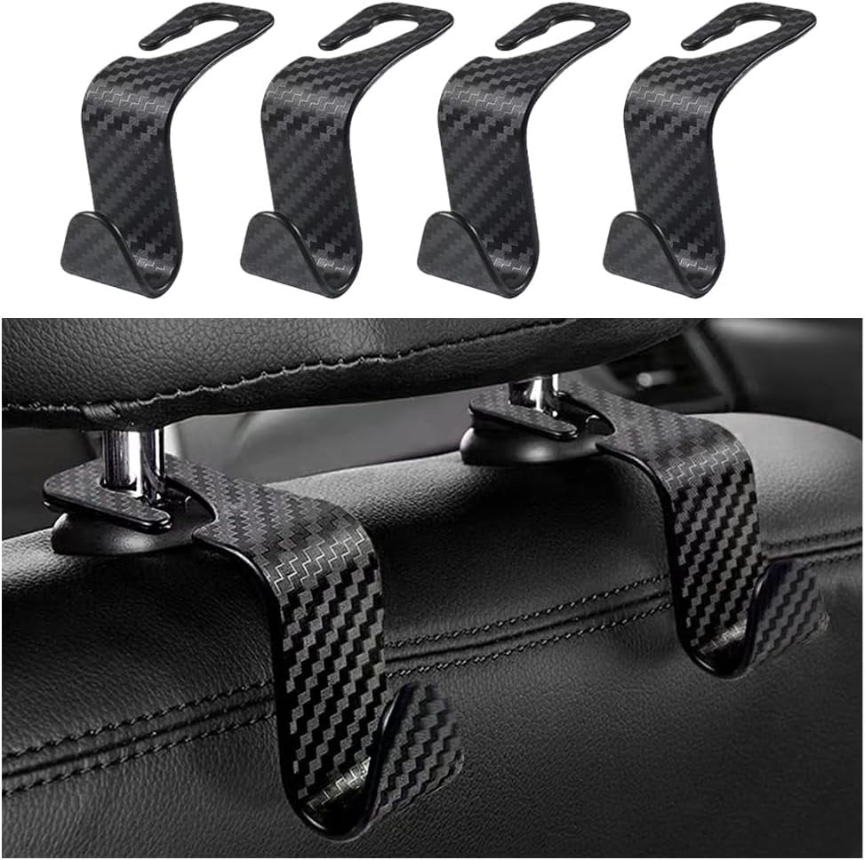 4PCS Headrest Hooks for Car,Cool Carbon Fibre Car Purse Holder Hook Multifunctional Car Phone Holder,Universal Car Interior Accessories Car Hooks for Seat (Carbon Fibre)