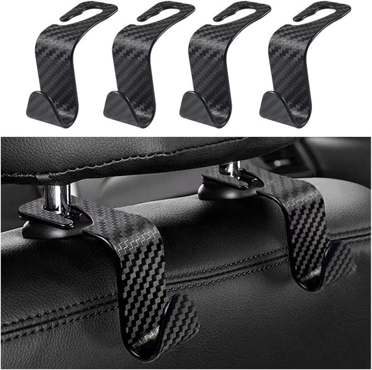 4PCS Headrest Hooks for Car,Cool Carbon Fibre Car Purse Holder Hook Multifunctional Car Phone Holder,Universal Car Interior Accessories Car Hooks for Seat (Carbon Fibre)