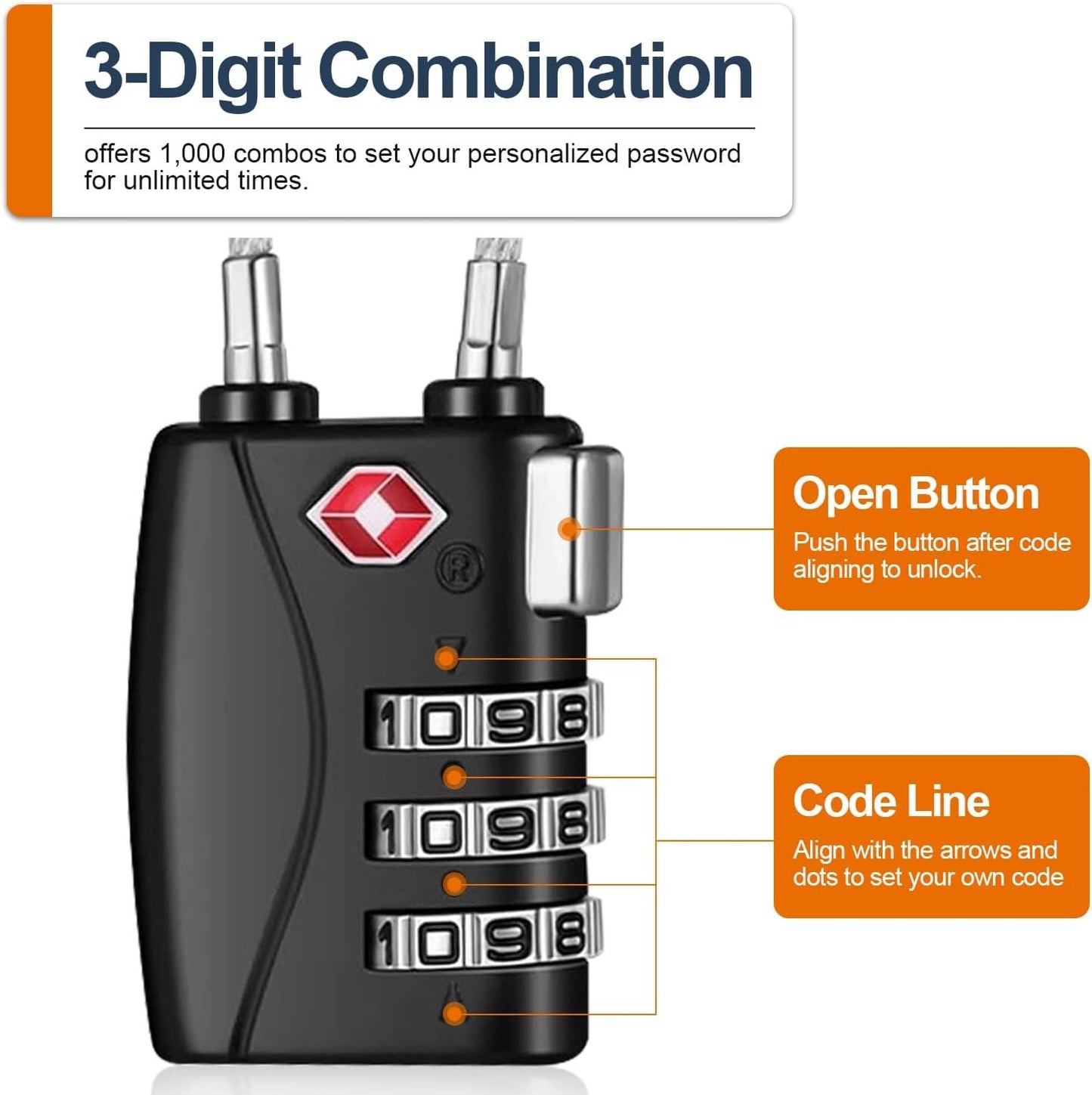 H HOME-MART TSA Approved Cable Luggage Locks,3-Digit Re-settable,Easy to Read Combination Padlock,Suitcase Lock,Alloy Body with Flexible Braided Steel, Security Travel Locks for Travel Bag