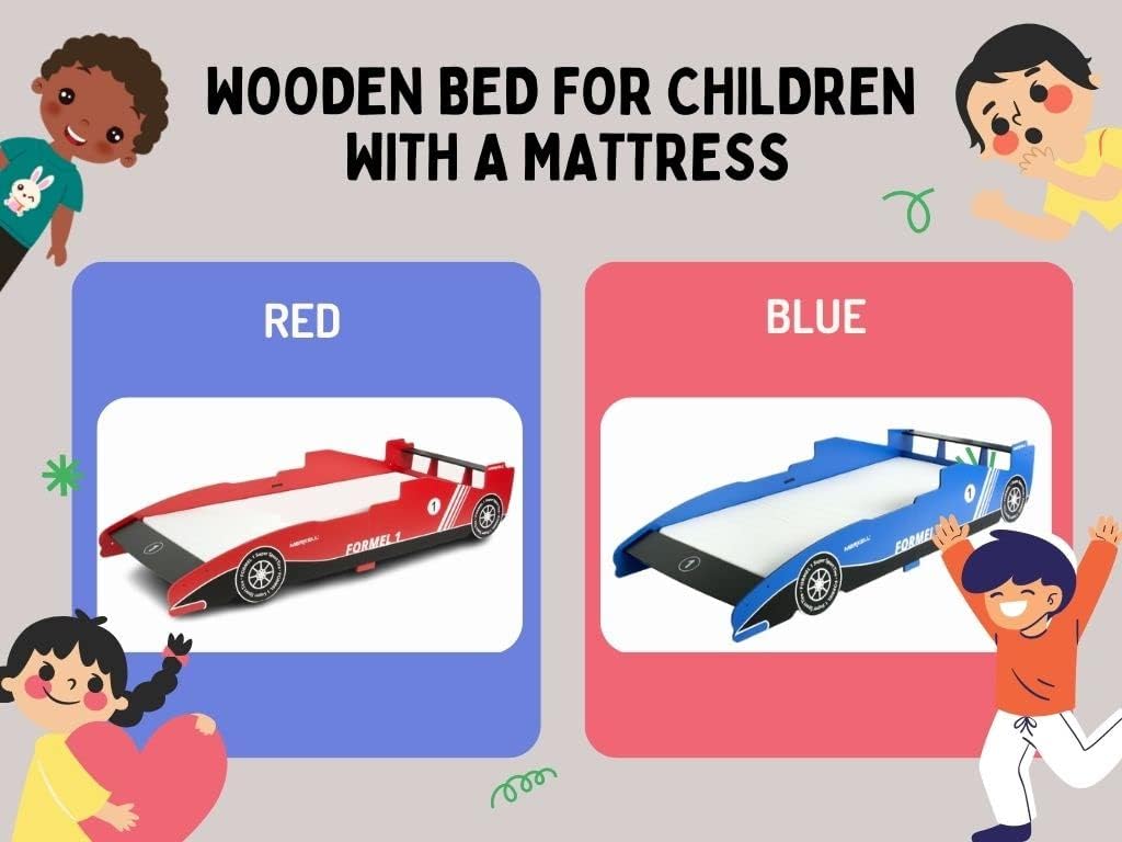 Leomark Wooden Children's Bed, Cot with Mattress 200 x 90 cm, Bolid Formula F1, Children's Bedroom Furniture Blue