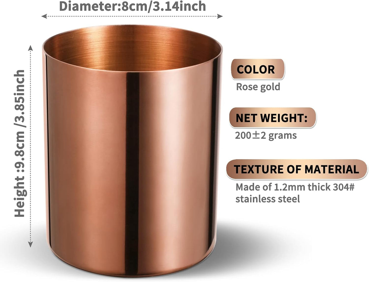 Round pen holder made of 304# stainless steel, pen cup, desk organiser, make-up organiser, brush holder, dressing table, bathroom worktop accessories, rose gold, pack of 2