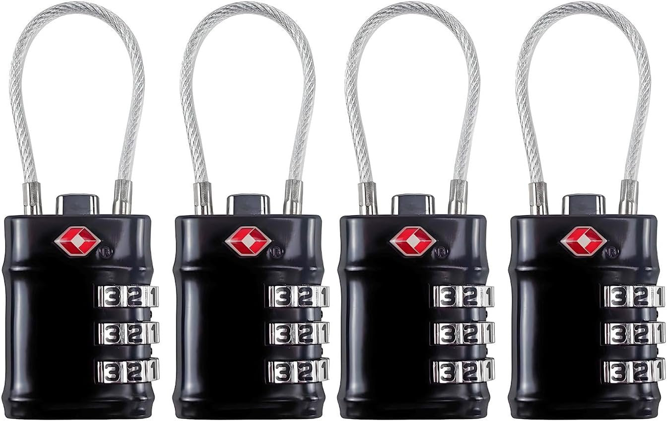 QUMOX TSA Approved Cable Luggage Locks, 3 Digit Combination Padlocks, Travel Lock for Suitcases Bag, Alloy Body, Travel Accessories (Black 4 Pack)