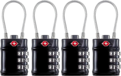 QUMOX TSA Approved Cable Luggage Locks, 3 Digit Combination Padlocks, Travel Lock for Suitcases Bag, Alloy Body, Travel Accessories (Black 4 Pack)