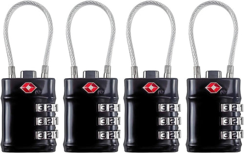 QUMOX TSA Approved Cable Luggage Locks, 3 Digit Combination Padlocks, Travel Lock for Suitcases Bag, Alloy Body, Travel Accessories (Black 4 Pack)