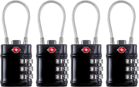 QUMOX TSA Approved Cable Luggage Locks, 3 Digit Combination Padlocks, Travel Lock for Suitcases Bag, Alloy Body, Travel Accessories (Black 4 Pack)