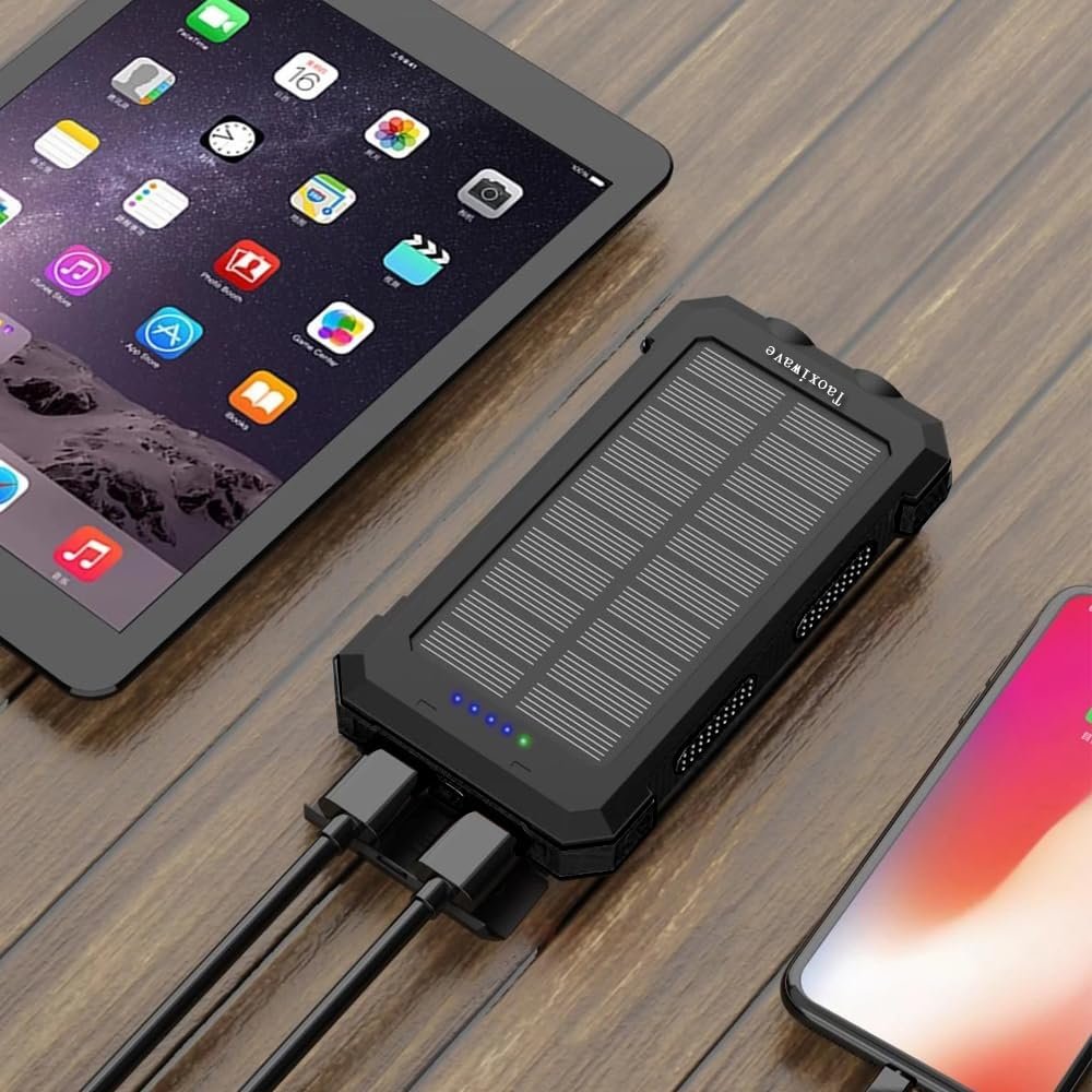 Solar Power Bank, Portable Charger,Fast Charging 38800mAh Waterproof Portable External Backup Battery Pack Power Bank,Camping Solar Charger with Dual USB/Flashlight and Compass (Black)