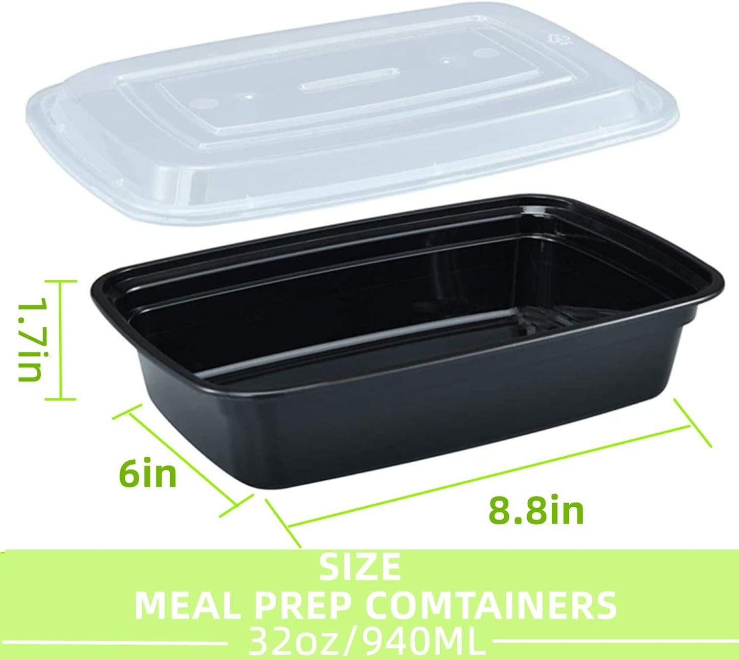 15 Pack 32 oz Plastic Meal Prep Containers with Lids, Leakproof Rectangular Food Storage Container Box for Restaurant, Kitchen, Takeout Food Service Disposables, Freezer/Microwave/Dishwasher Safe