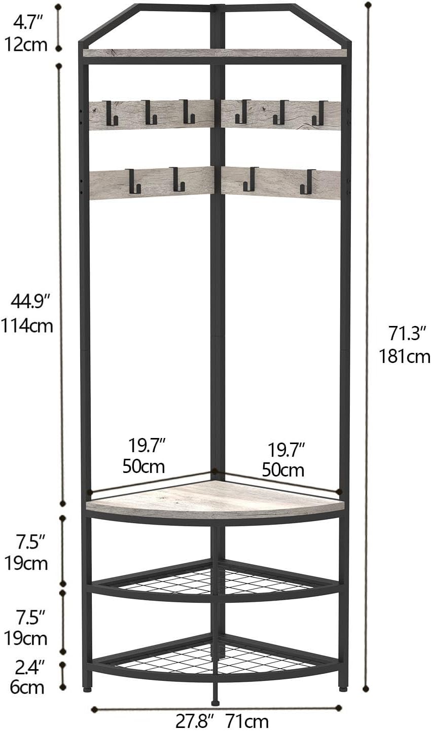 VEDECASA Metal Corner Coat Rack with 12 Movable Hooks for Hallway Living Room Bedroom Office Hallway Entrance Grey
