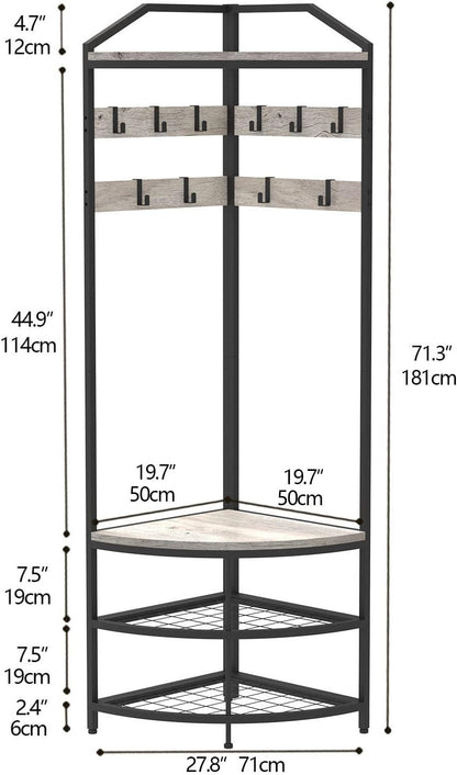 VEDECASA Metal Corner Coat Rack with 12 Movable Hooks for Hallway Living Room Bedroom Office Hallway Entrance Grey