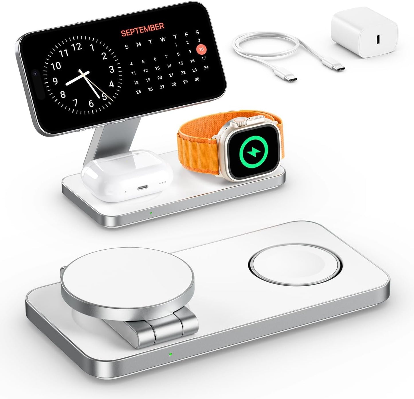 EXW for MagSafe Charger,3 in 1 Fast Charging Station,Foldable Wireless Charger Stand for iPhone 12-16,Travel Magnetic Charger for AirPods and Apple Watch (Adapter Included) (White)