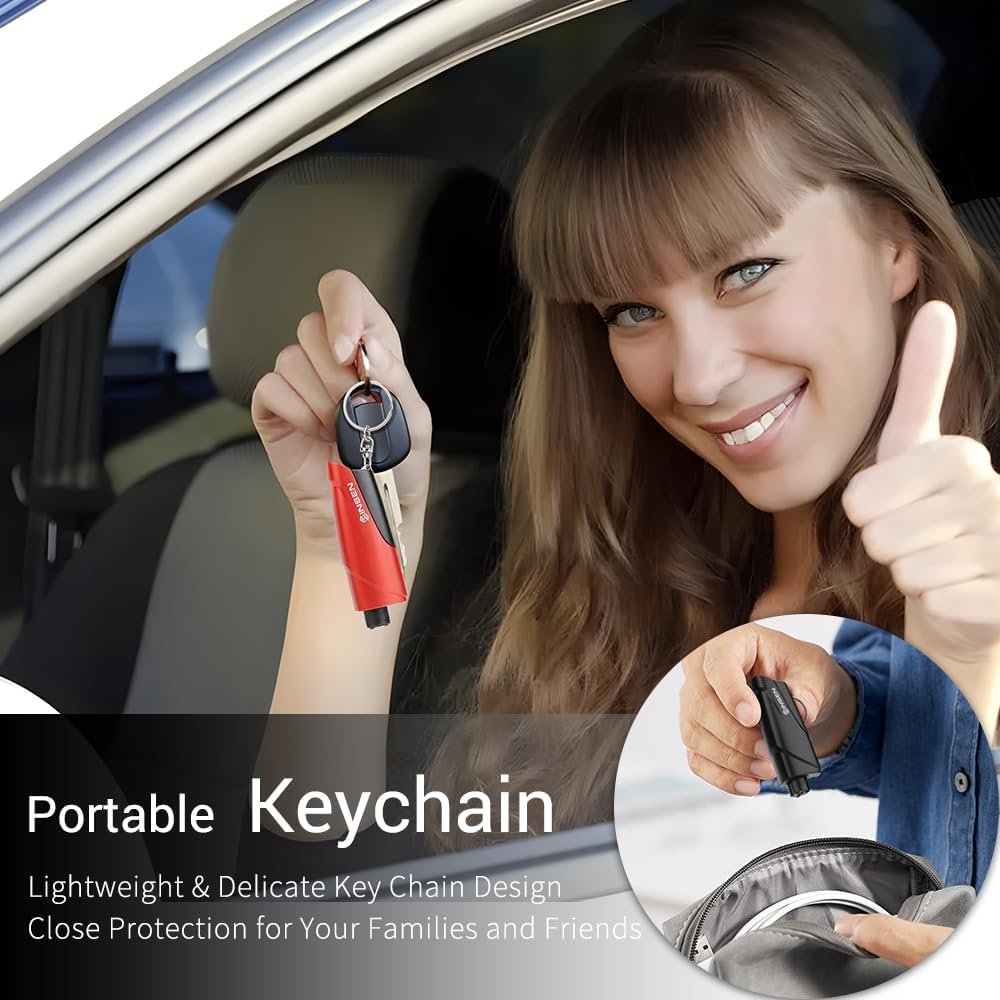 SINSEN Window Breaker Seatbelt Cutter, Car Emergency Safety Keychain, Seat Belt Escape Tool and Glass Hammer, Spring-Loaded for Land and Underwater, 2PCS, Red