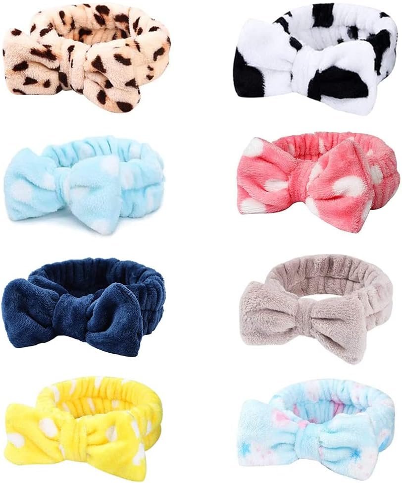 8 Pcs Spa Headband, Bow Hair Band Women Facial Makeup Head Band Soft Coral Fleece Head Wraps For Shower Washing Face