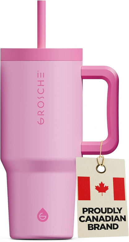 GROSCHE Aspen 32oz Tumbler with Handle and Straw - Extreme Insulation, Classy Aesthetic Design, Insulated Stainless Steel Tumbler with Handle, Lid and Straw, Canadian Brand! - 32 fl. oz, Hot Pink