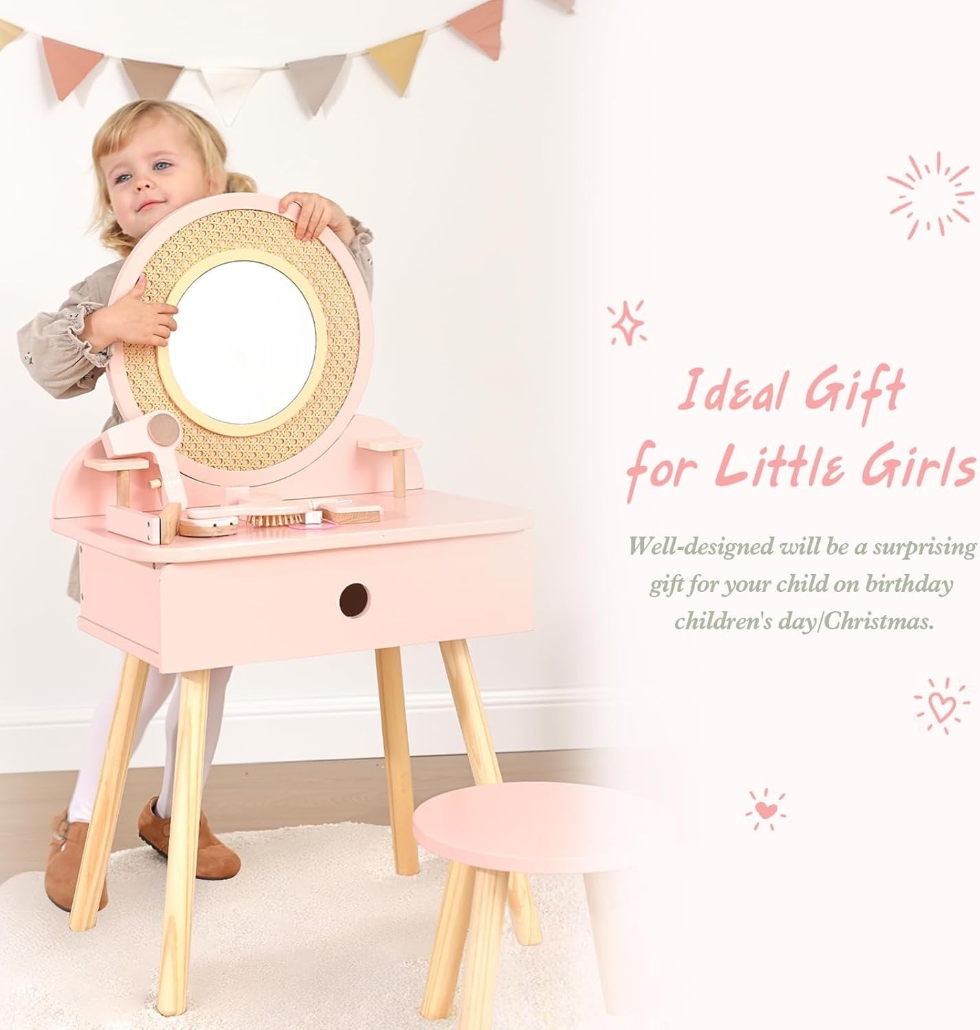OOOK Kids Vanity Table and Chair Set, Pink Girls Vanity with 11 Pcs Accessories, Enough for Real and Pretend Makeup, Toddler Vanity for 3 Year Old and Up as Ideal Gift