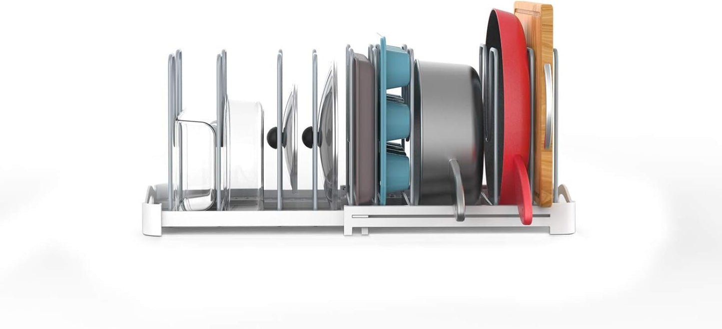 EVERIE Adjustable Bakeware Organizer Pot Lid Holder Rack for Pots, Cake Molds, Cutting Boards, Mats, Cookware, GS02SS, 7.7'' Deep by 12.6'' to 21.5'' Wide