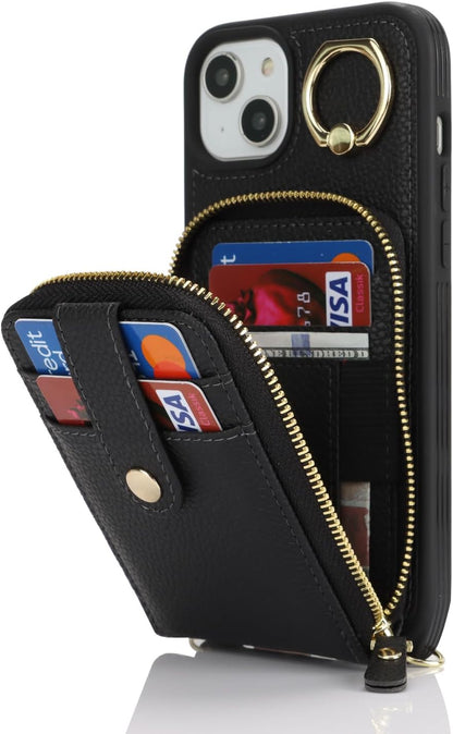 SunYoo for iPhone 13 / iPhone 14 Case Crossbody Shoulder Wallet Leather Cover with Card Holders Rotatable Ring Holder Kickstand Wristlet Long Strap Lanyard Phone Case for iPhone14 iPhone13 Black