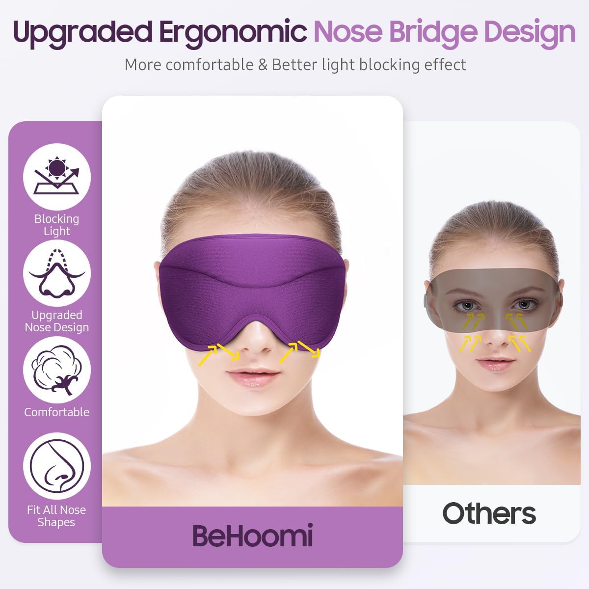 BeHoomi Sleep Mask, Premium Eye Mask for Sleeping, Completely Blackout, Superior Soft Comfort, Upgraded 3D Ergonomic Designed Sleeping Mask for Home, Office, Travel, Meditation, Yoga, Purple
