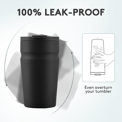 COKTIK 16oz Insulated Tumbler with Lid and Straw 2 Lids (Straw/Flip) Iced Coffee Cup Reusable Stainless Steel Travel Mug Water Bottle Cupholder Friendly for Women Men Her Him (Black)