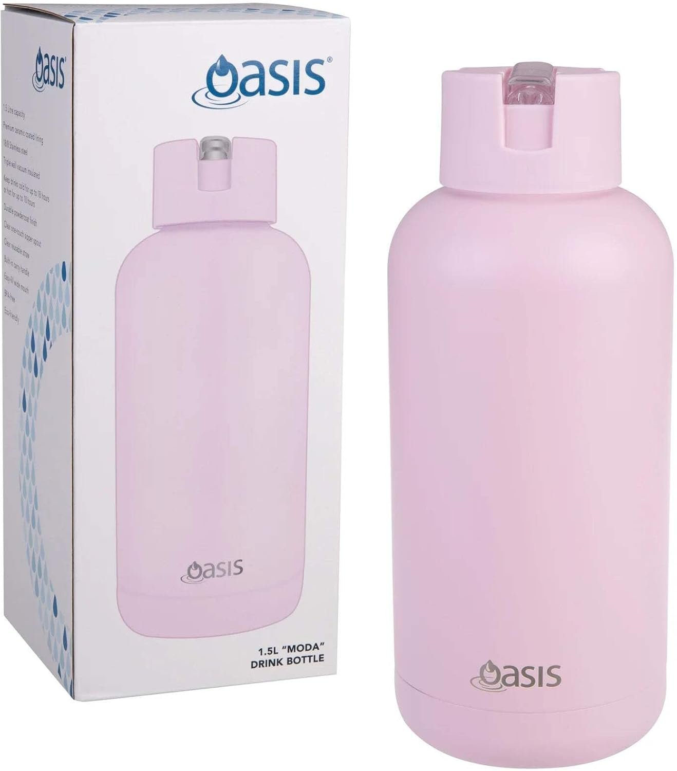 Oasis Ceramic Lined Stainless Steel Triple Wall Insulated "Moda" Drink Bottle 1.5L - Pink Lemonade
