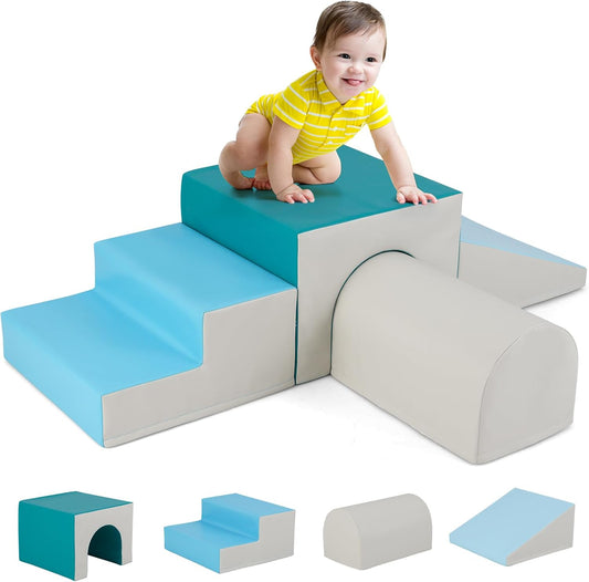 BABY JOY Kids Climb and Crawl Foam Block Play Set, 4-Piece Toddler Soft Building Blocks Structures Set for Children Development, Baby Educational Soft Toy Set for Climbing, Crawling and Sliding