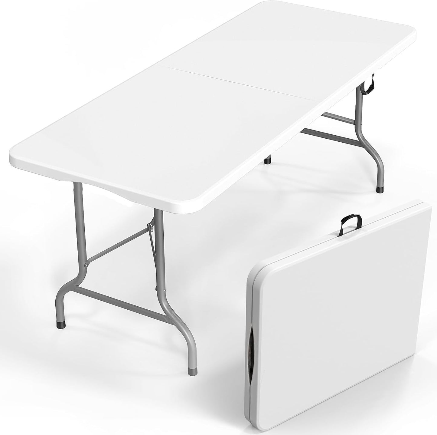 6 Ft Portable Foldable Long Table, Folding Table for Indoor Outdoor, Smooth HDPE Tabletop with Built in Handle & Steel Legs, Perfect for Party, Dining, Wedding, Events, Camping, Utility, Temporary