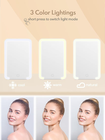 Qislee Travel Makeup Mirror with Lights, 3 Color Modes, Desk Mirror with Foldable Stand, Touch Dimming, Perfect Travel Accessory, White
