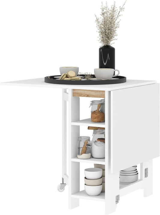 HOMCOM Folding Dining Table, Drop Leaf Table for Small Spaces, Foldable Table with Storage Shelves for Kitchen, Dining Room, White