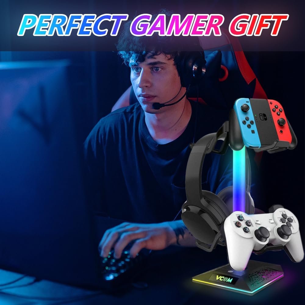 V RGB Gaming Headphones Stand with 2 USB Ports， Headset Stand with 10 Light Modes and Non-Slip Rubber, Suitable for All Earphone Accessories, Best Gift for Husband, Kids, Boyfriend