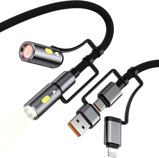 4smarts 6-in-1 Outdoor Explorer Lightning/USB-A/USB-C to USB-C Cable with Emergency Light & Fire Starter, 60W Charging Cable with Survival Tools, 4ft/1.2m Rugged Design for Camping, Hiking & Travel