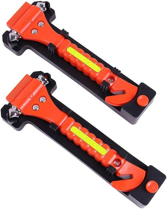 DeCho 2 PCS Car Safety Hammer Emergency Escape Tool with Seat Belt Cutter and Vehicle Window Glass Breaker with Light Reflective Tape (Red)