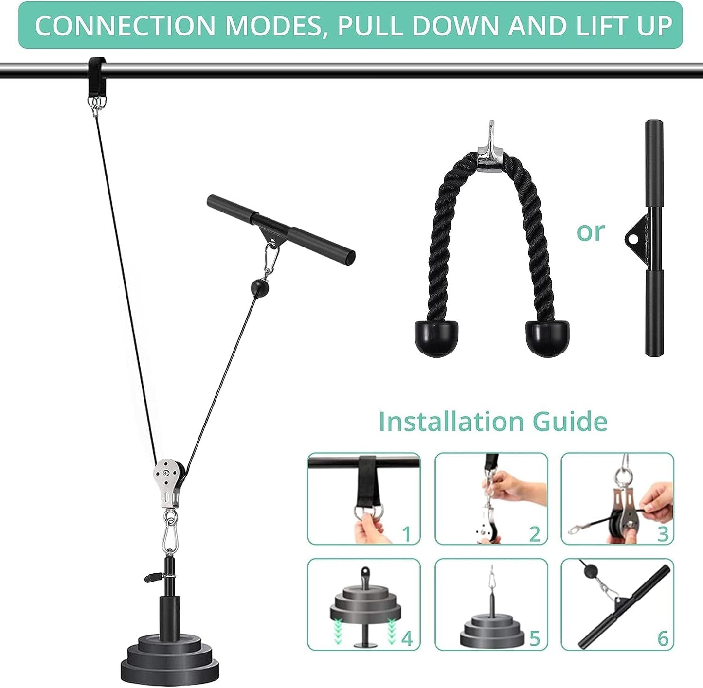 Fitness Pulley System, Pulley Cable Machine DIY Fitness Home Gym Equipment Workout Accessories with Tricep Rope, LAT Pull Down Bar, Gym Cable for Triceps Extensions, Biceps Curl, Forearm