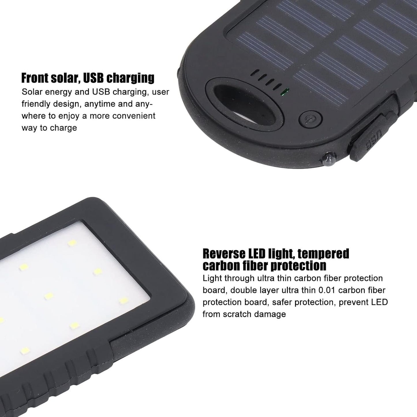 GRCFUMO 5000mAh Solar Power Bank, Solar Charging Powerbank, Portable Power Bank, External Battery Power Bank with 12LED Flashlight for Outdoor Camping Fishing Black