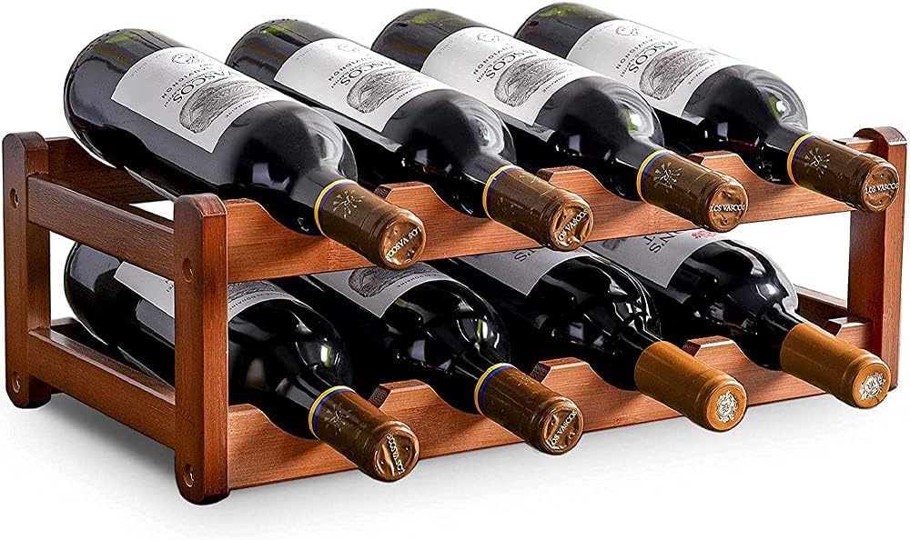 Tabletop Wine Rack Freestanding Bamboo 8 Bottle Storage Shelf Holder Organizer 2 Tier for Refrigerator Countertop Under Cabinet Kitchen Bar Dining Room Brown (2-Tier Brown)