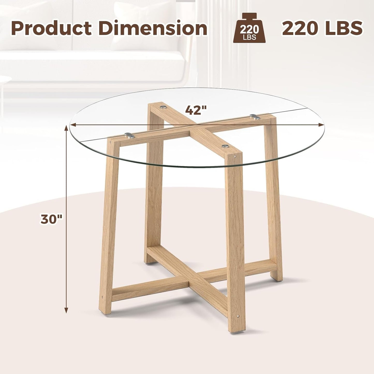 Tangkula 42" Round Glass Dining Table for 4-6, 0.3” Tempered Glass Tabletop with X-Shaped Rubber Wood Frame, Modern Kitchen Table for Home Kitchen Dining Room Breakfast Nook (Single Table)