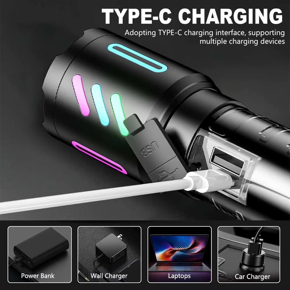 Rechargeable Flashlight,LED Torch Zoom with Power Display,Handheld Torches Waterproof 5 Modes Powerful Tactical Work Lamp for Emergency,Camping (1 Pack)