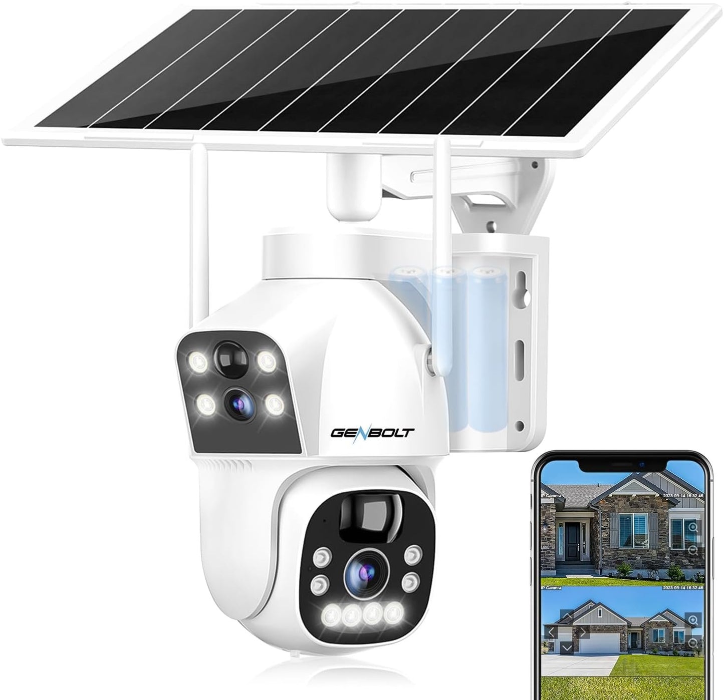 GENBOLT Solar WiFi Security Camera Outdoor Wireless, 8W 15600mAh Battery Powered Home Surveillance Camera CCTV with Dual View, Dual Lens Spotlight IP Camera with Color Night, PIR Detection